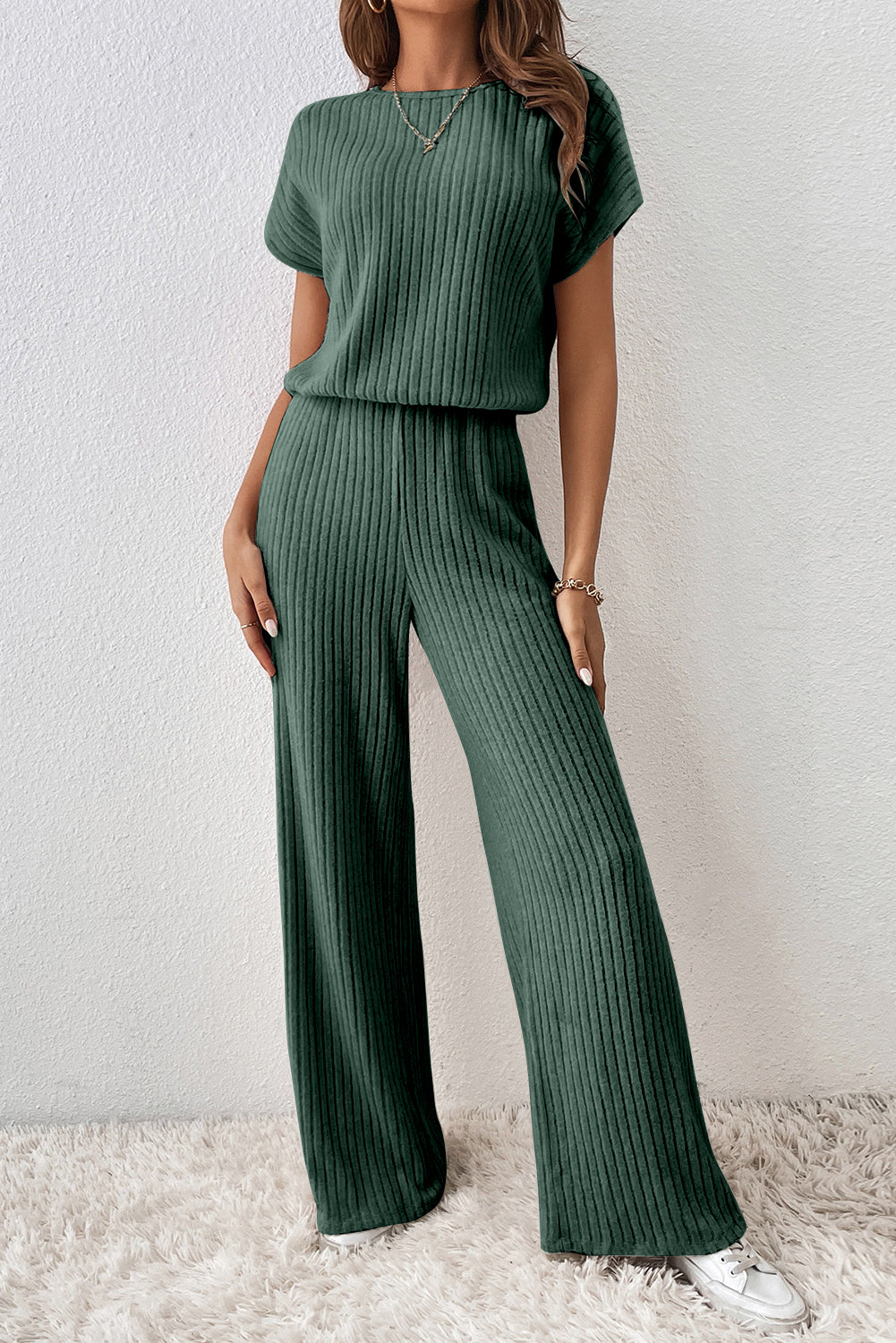 Dusk Blue Ribbed Keyhole Short Sleeve Wide Leg Jumpsuit