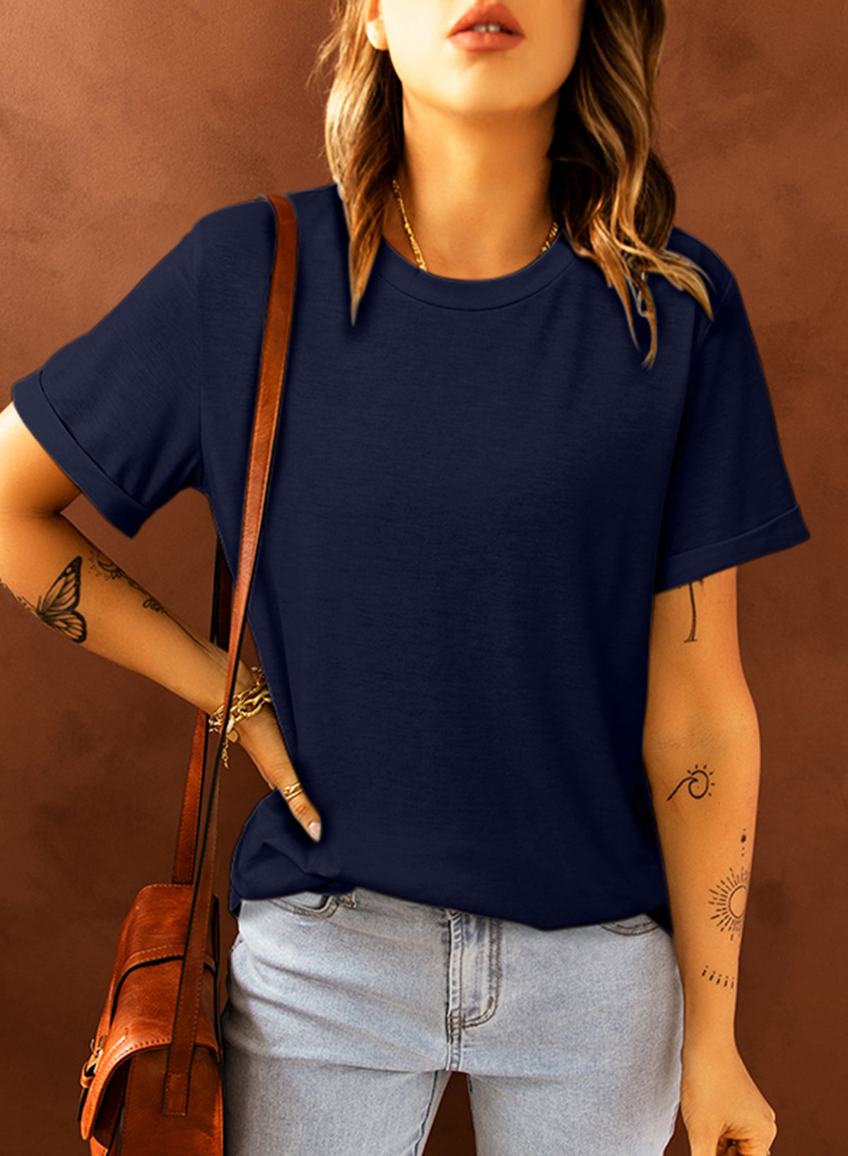 Pink Solid Color Crew Neck Tee