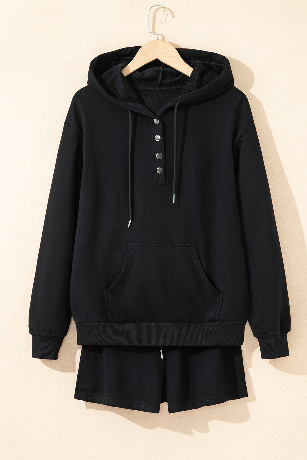 Light Blue Button Drawstring Hooded Pullover and Casual Short Set