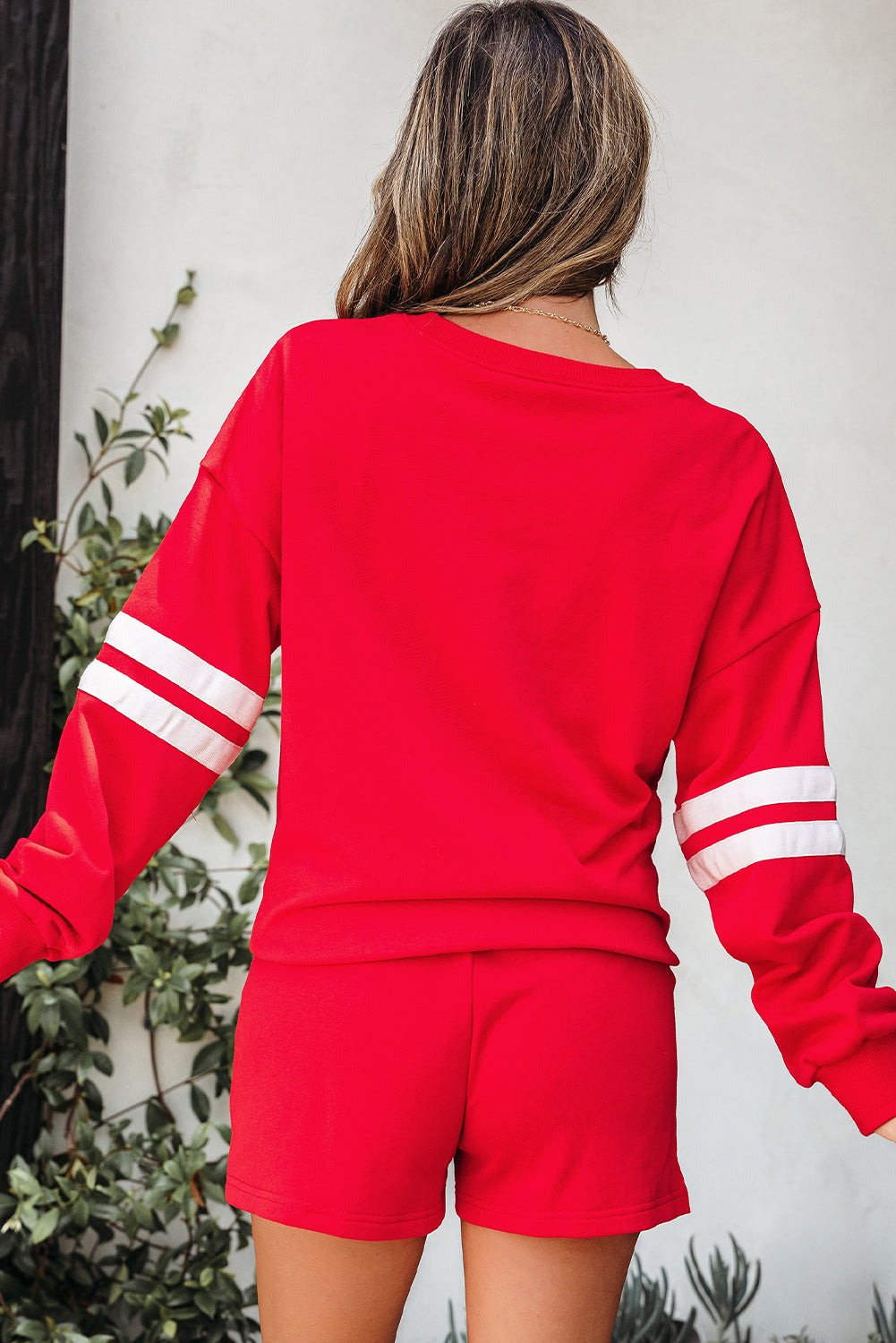 Orange Varsity Striped Sleeve Drop Shoulder Sweatshirt and Short Set