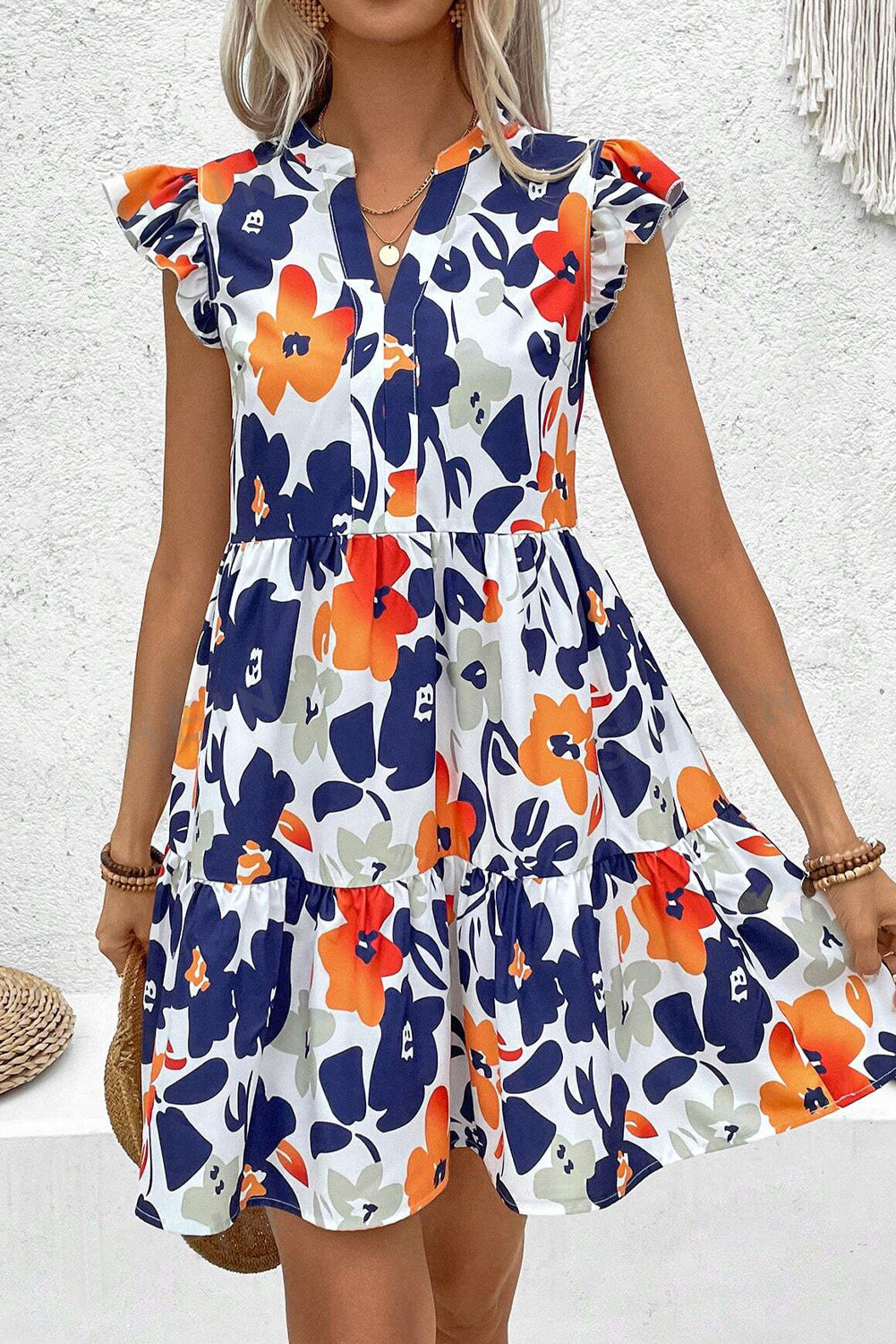Fashion Floral Print Notched Neck Flutter Sleeve Mini Dress