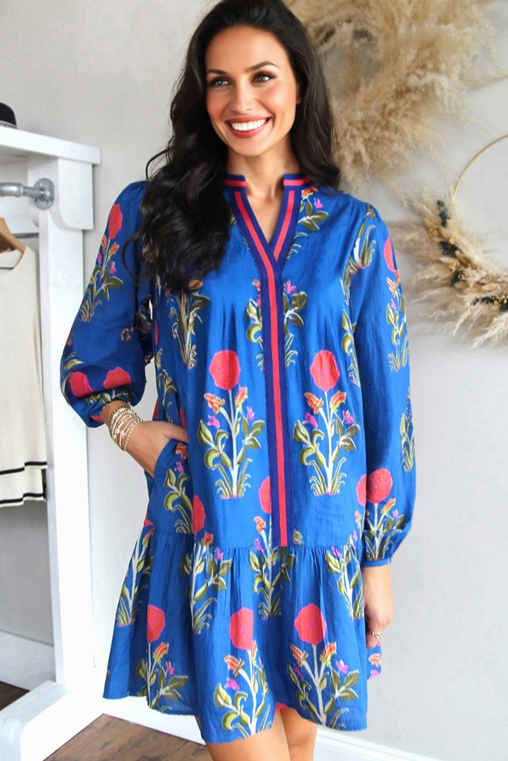 White Floral Print Contrast Striped Trim Notched Neck Long Sleeve Dress