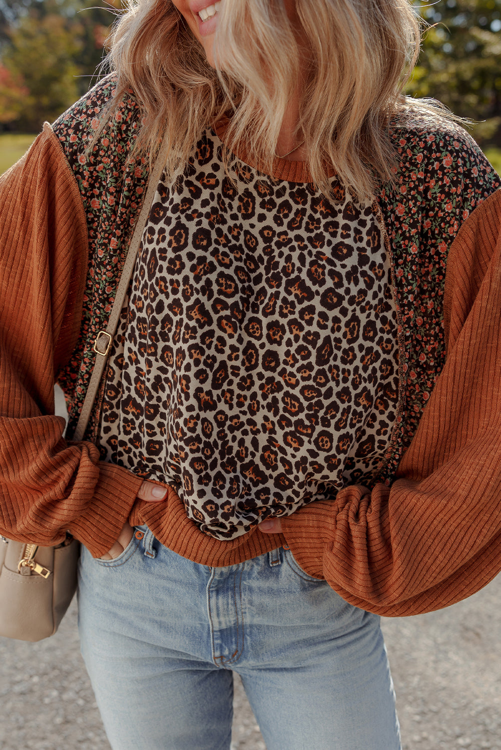 Brown Leopard Floral Print Ribbed Puff Sleeve Patchwork Loose Pullover