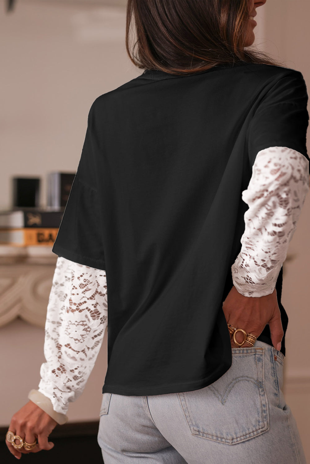 White Lace Long Sleeve Insert Drop Shoulder Tee
