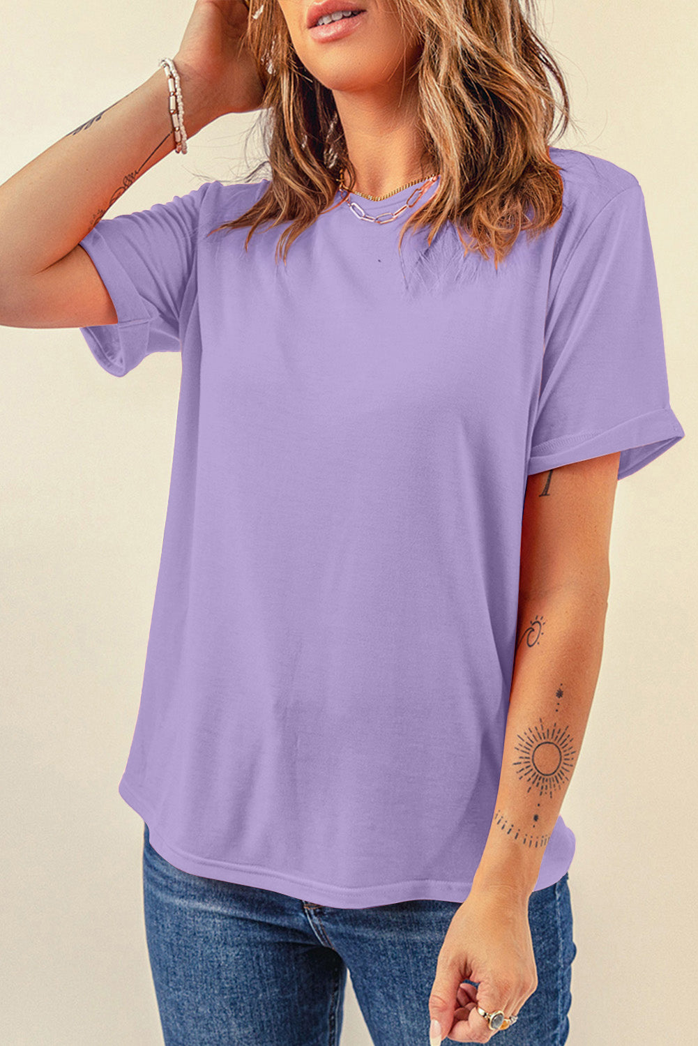 Red Casual Plain Crew Neck Tee