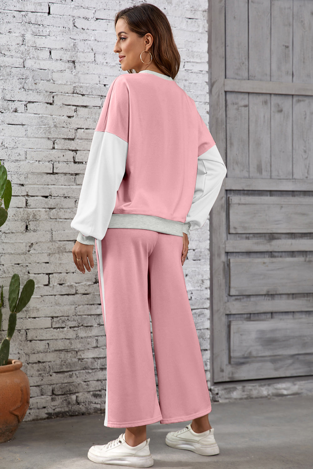 Chestnut 2pcs Color Block Pullover Loose Pant Set