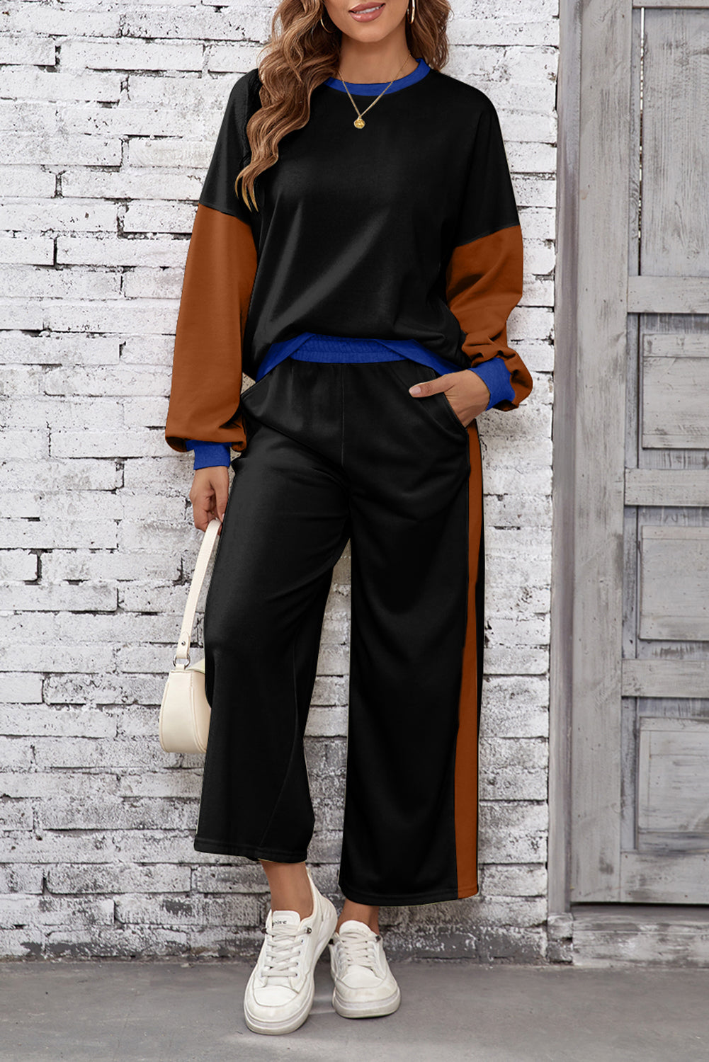 Chestnut 2pcs Color Block Pullover Loose Pant Set