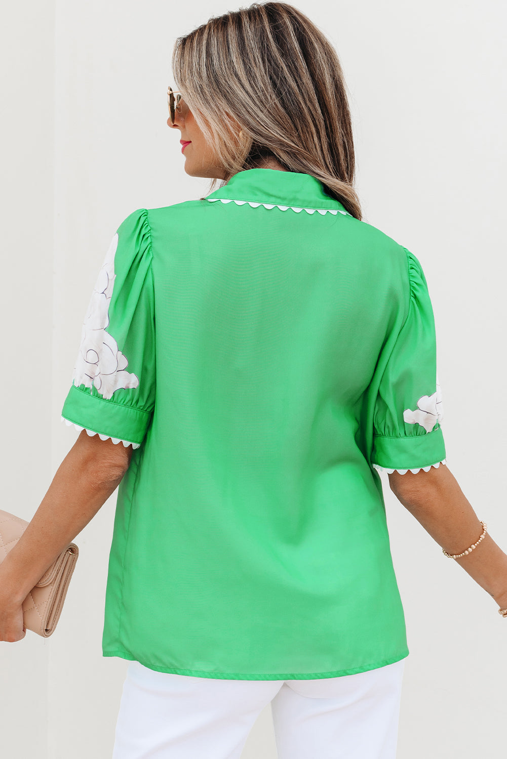 Sky Blue Floral Ric Rac Edge Puff Sleeve Button Up Summer Shirt