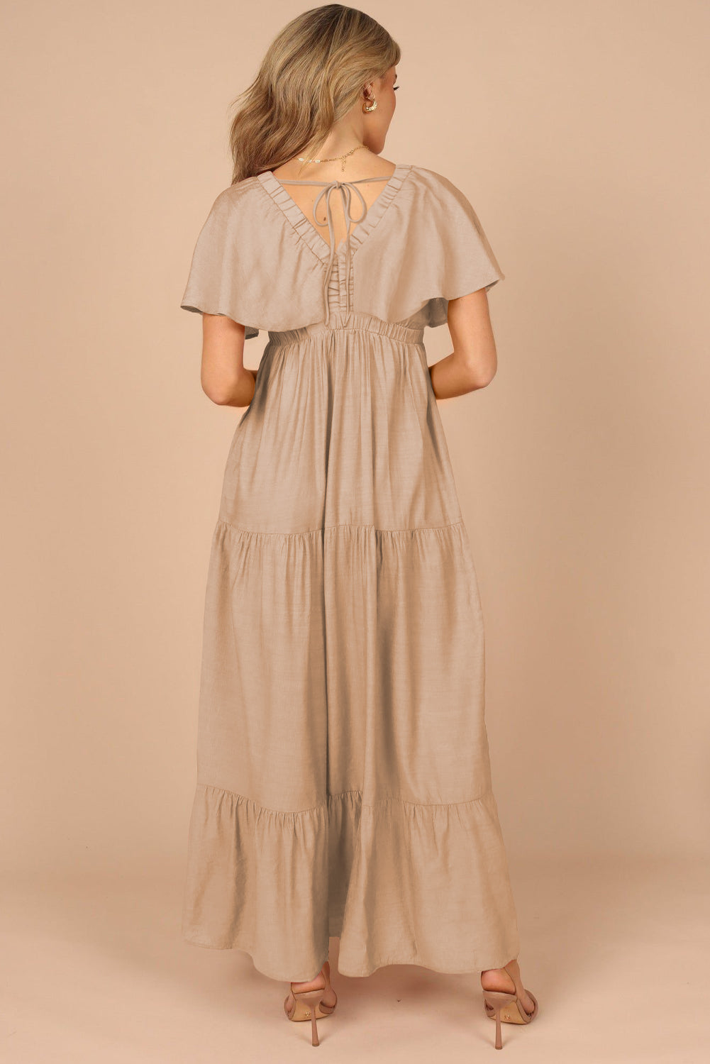 Grass Green Textured V Neck Flutter Sleeve Ruffled Maxi Dress