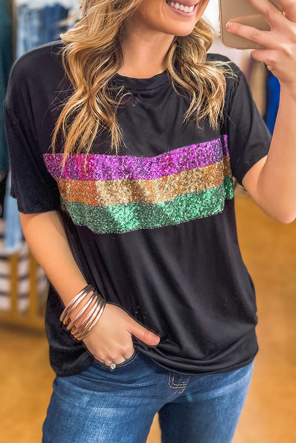 White Sequin Stripes Patchwork Mardi Gras Crew Neck T Shirt