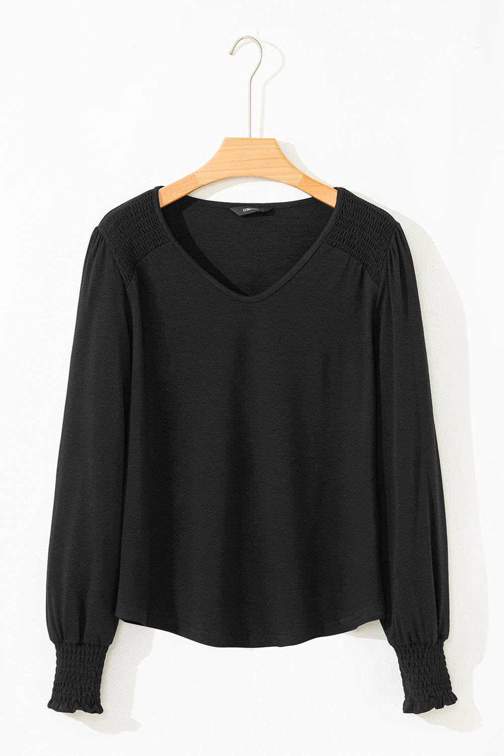Beige Shirred Shoulder Frilled Cuffs Long Sleeve Top