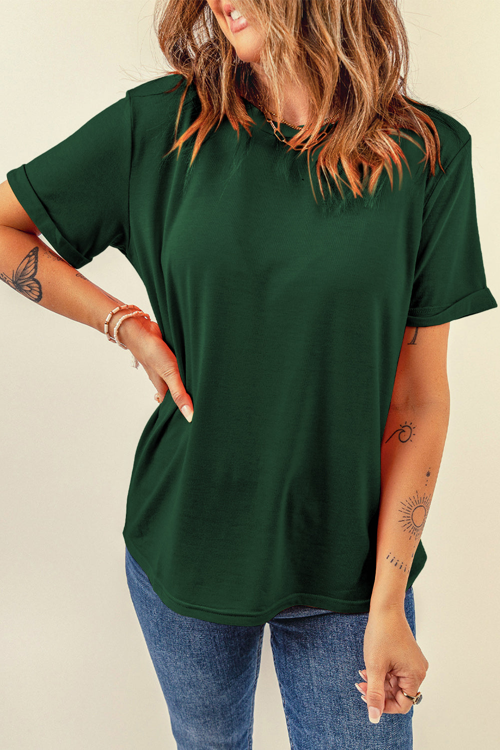 Red Casual Plain Crew Neck Tee