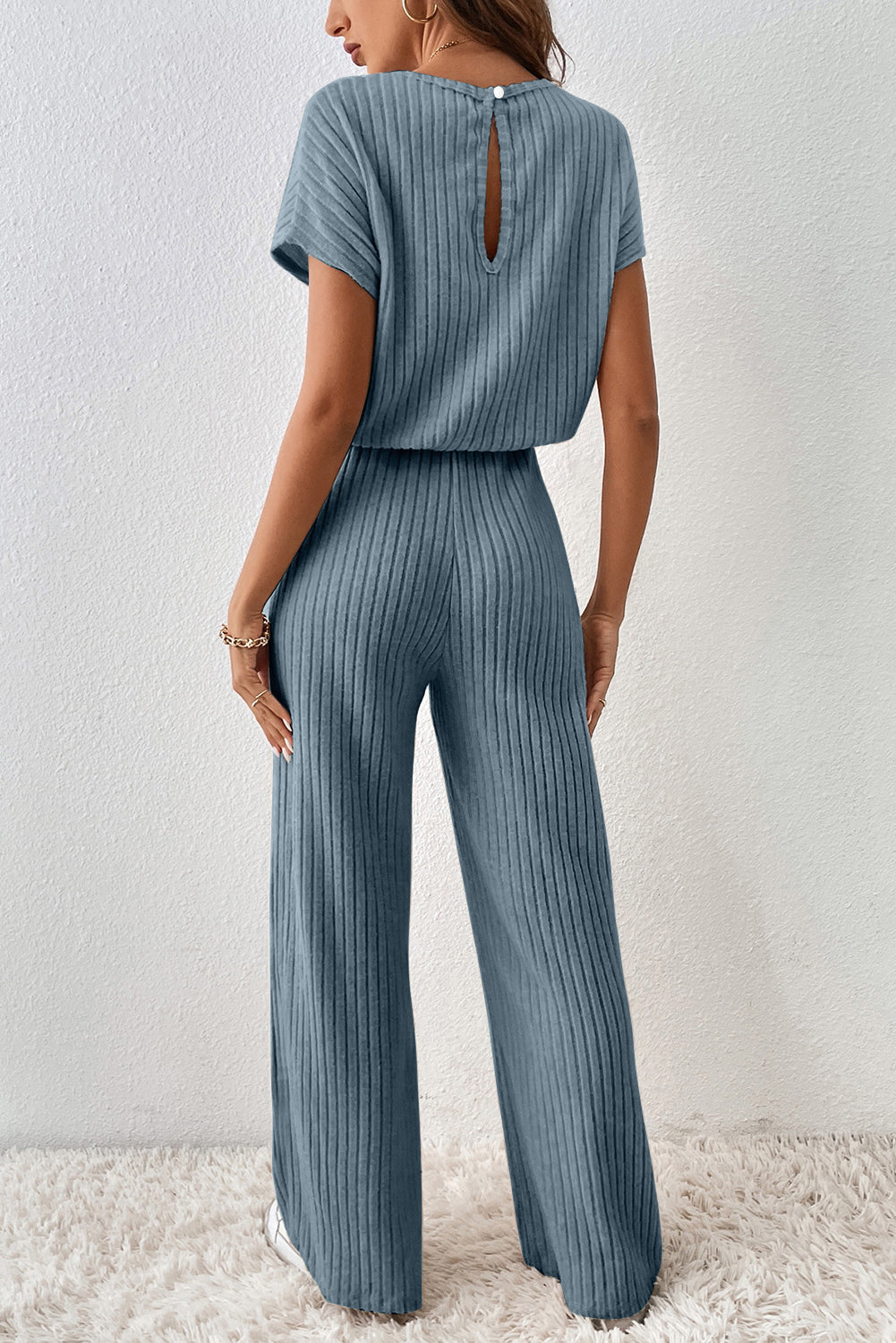 Dusk Blue Ribbed Keyhole Short Sleeve Wide Leg Jumpsuit