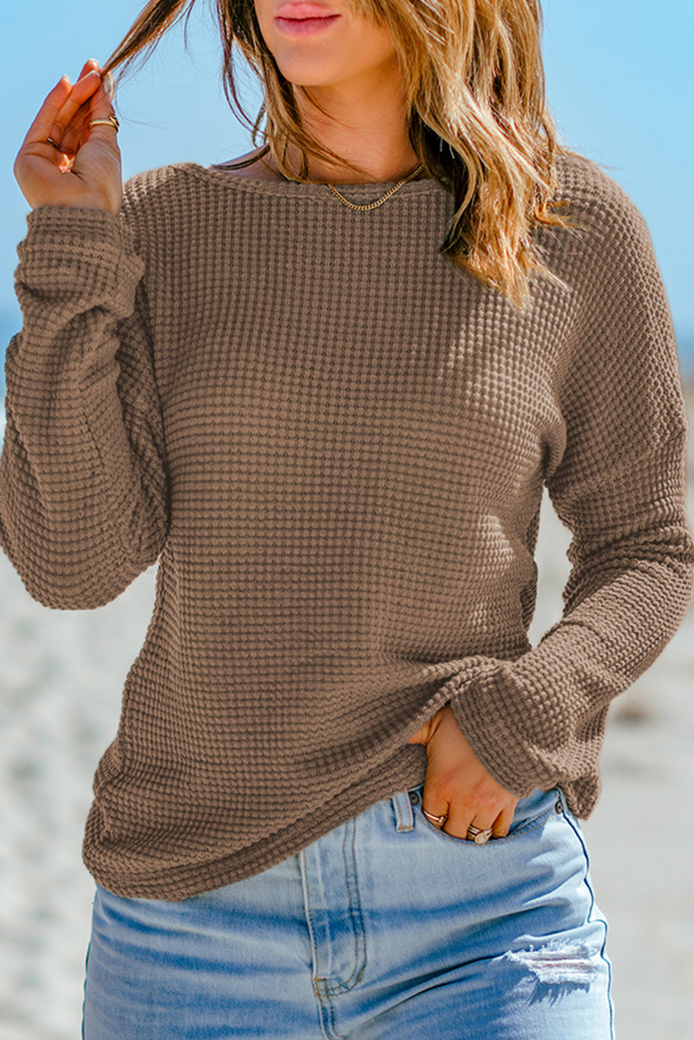 Black Waffle Knit Drop Shoulder Long Sleeve Top