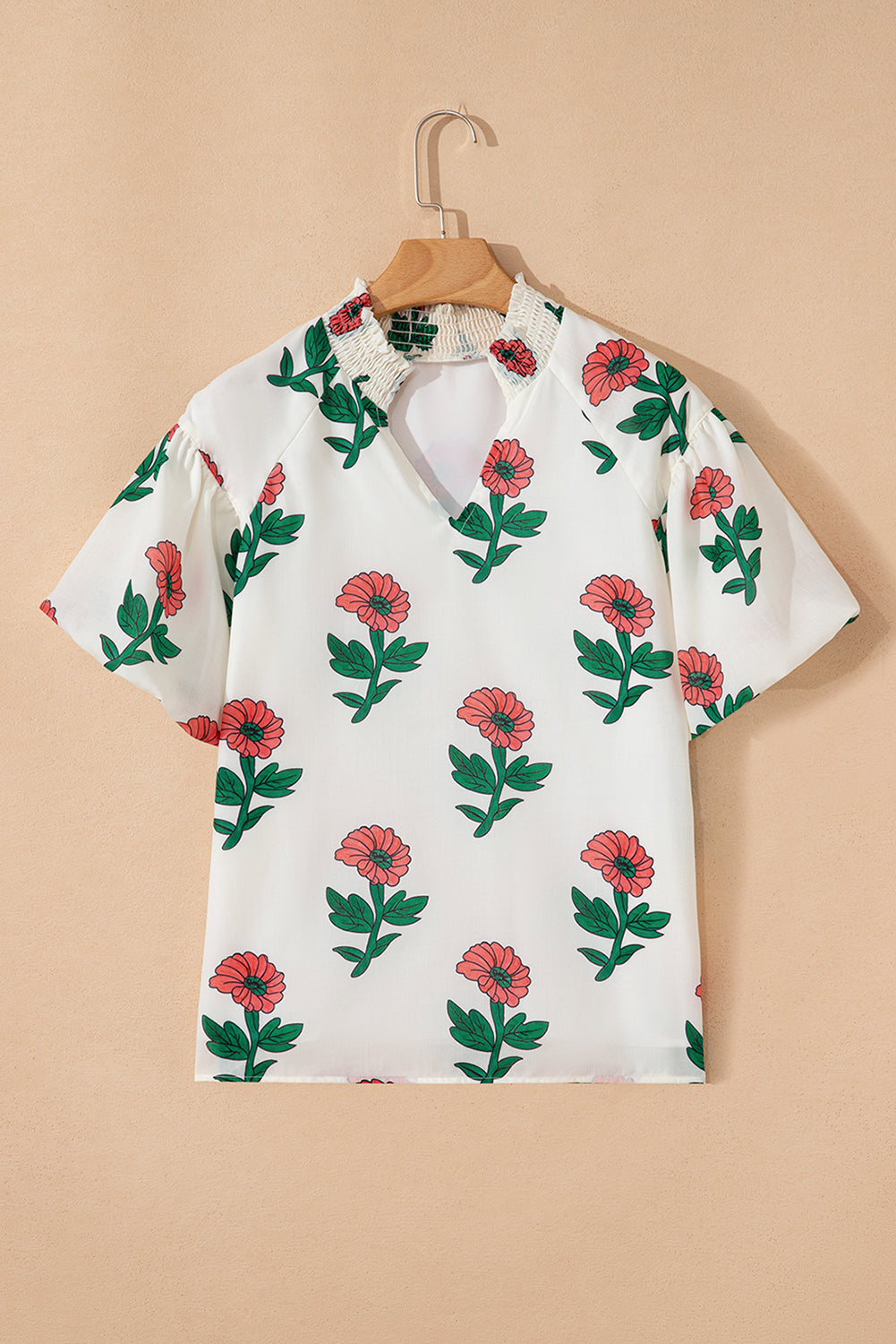 Beige Floral Print Shirred Split Neck Short Sleeve Blouse