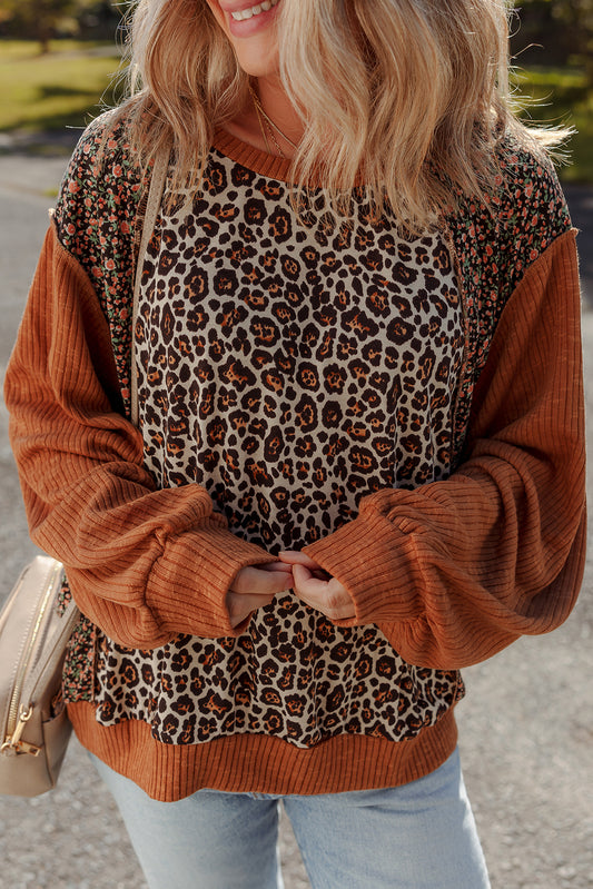 Brown Leopard Floral Print Ribbed Puff Sleeve Patchwork Loose Pullover