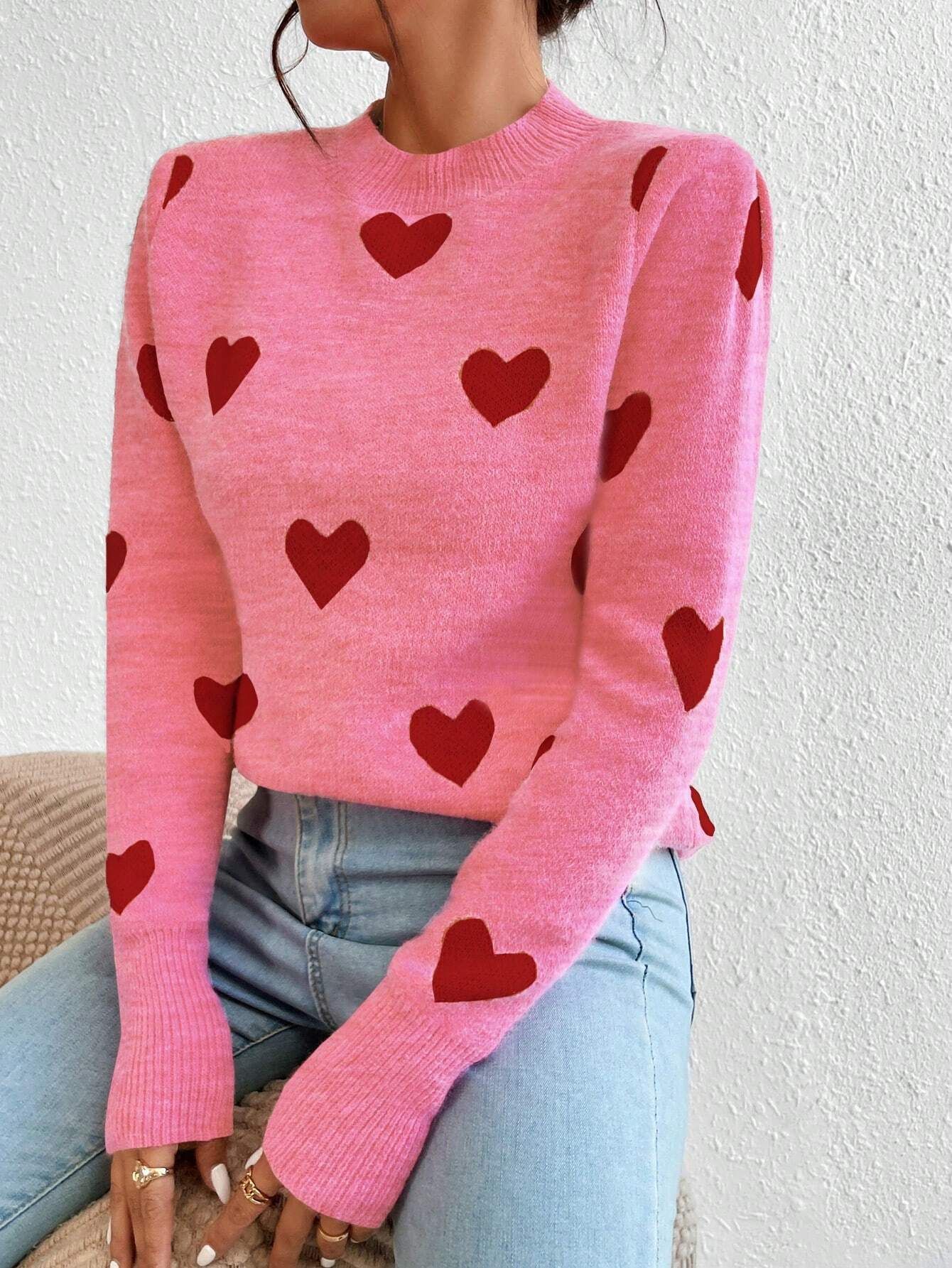 Leisure Heart Jacquard Long Sleeve Crew Neck Pullover Sweater