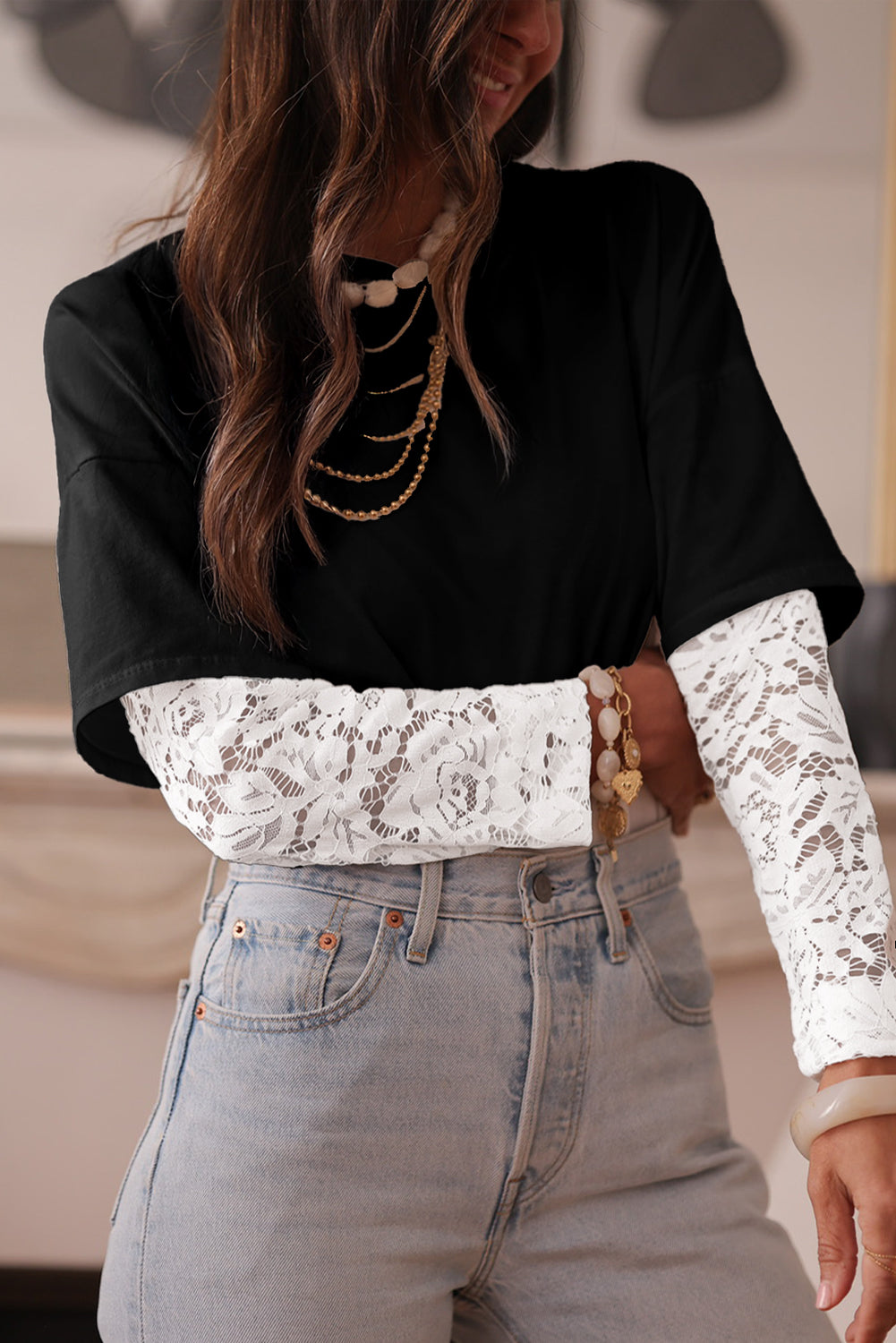 White Lace Long Sleeve Insert Drop Shoulder Tee