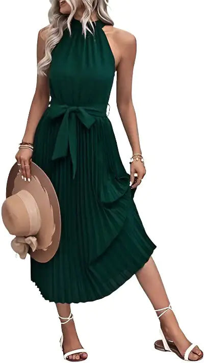 Women's Sleeveless Halter Neck Pleated Midi Cocktail Dress A Line Flowy Beach Sun Dress with Belt