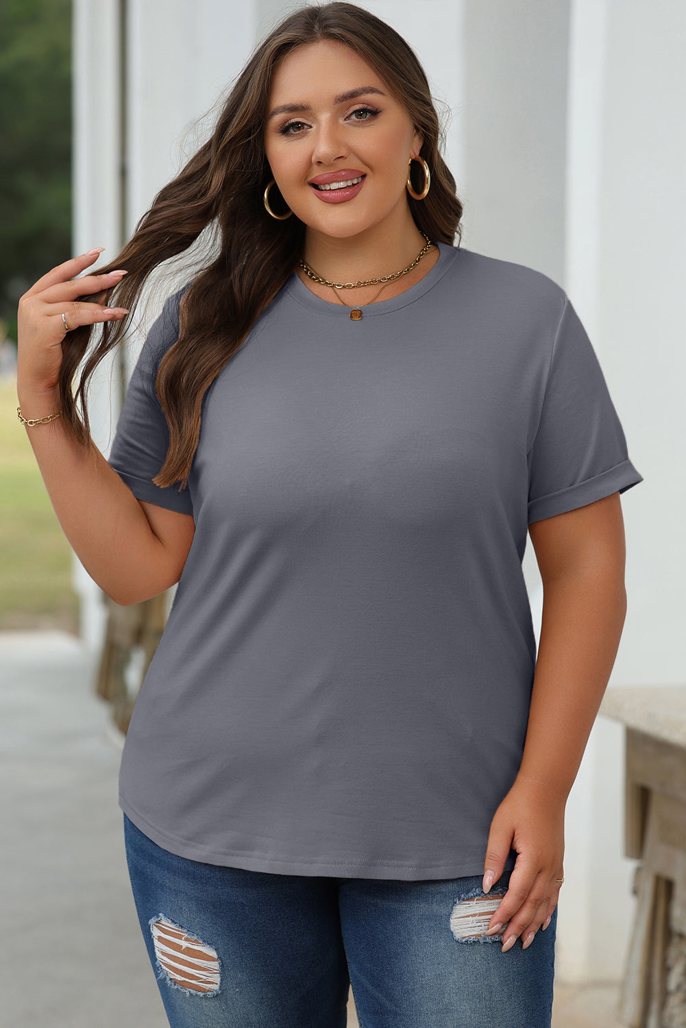 Red Casual Plain Crew Neck Tee