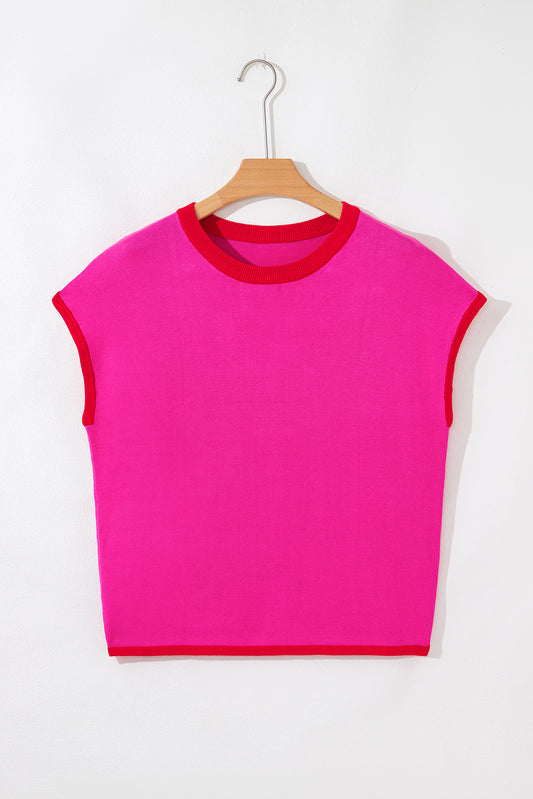 Green Contrast Trim Round Neck Short Sleeve Loose Knit Sweater