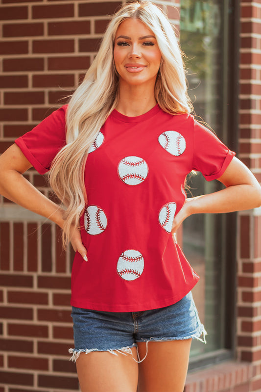 Red Glittering Rugby Pattern Crew Neck Game Day T Shirt