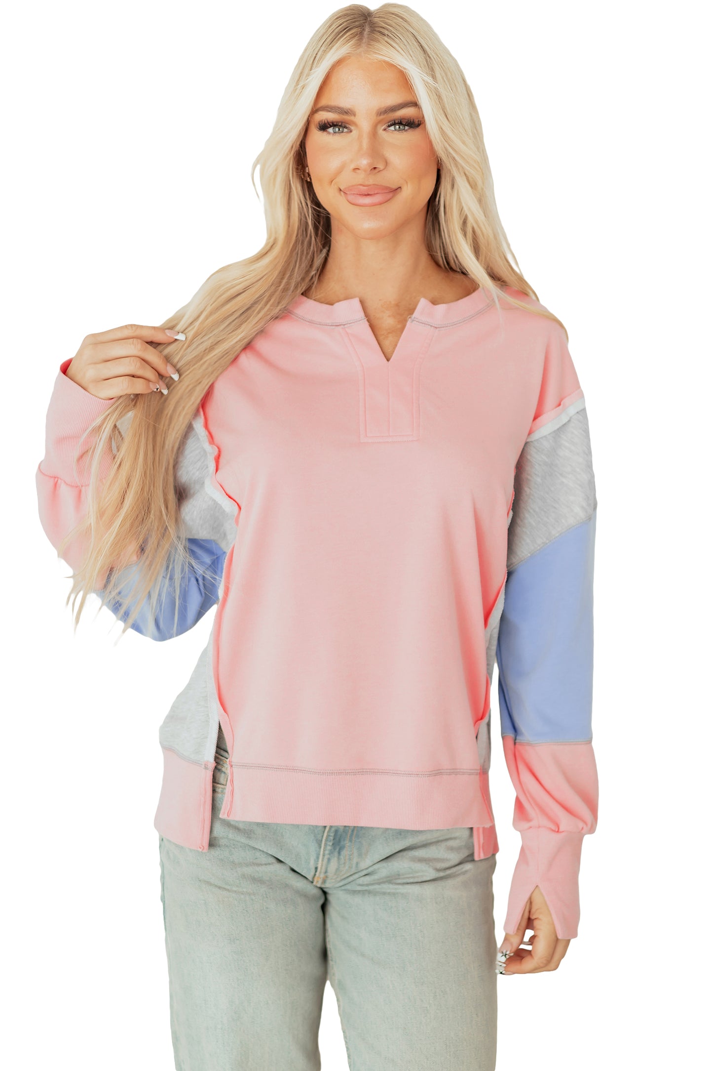 Apricot Pink Exposed Seam Color Block Patchwork Slit Cuffs Oversize Sweatshirt