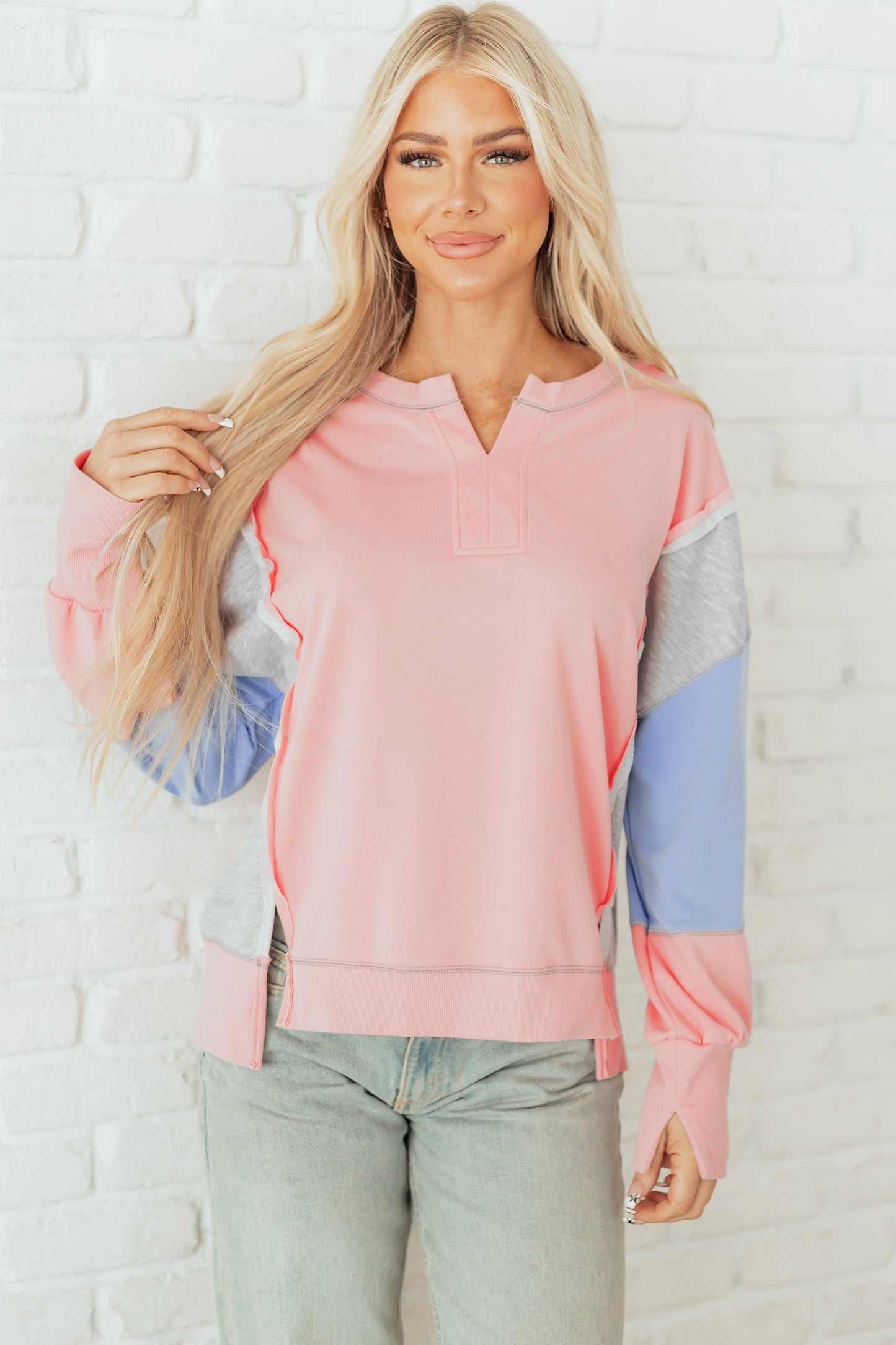 Apricot Pink Exposed Seam Color Block Patchwork Slit Cuffs Oversize Sweatshirt