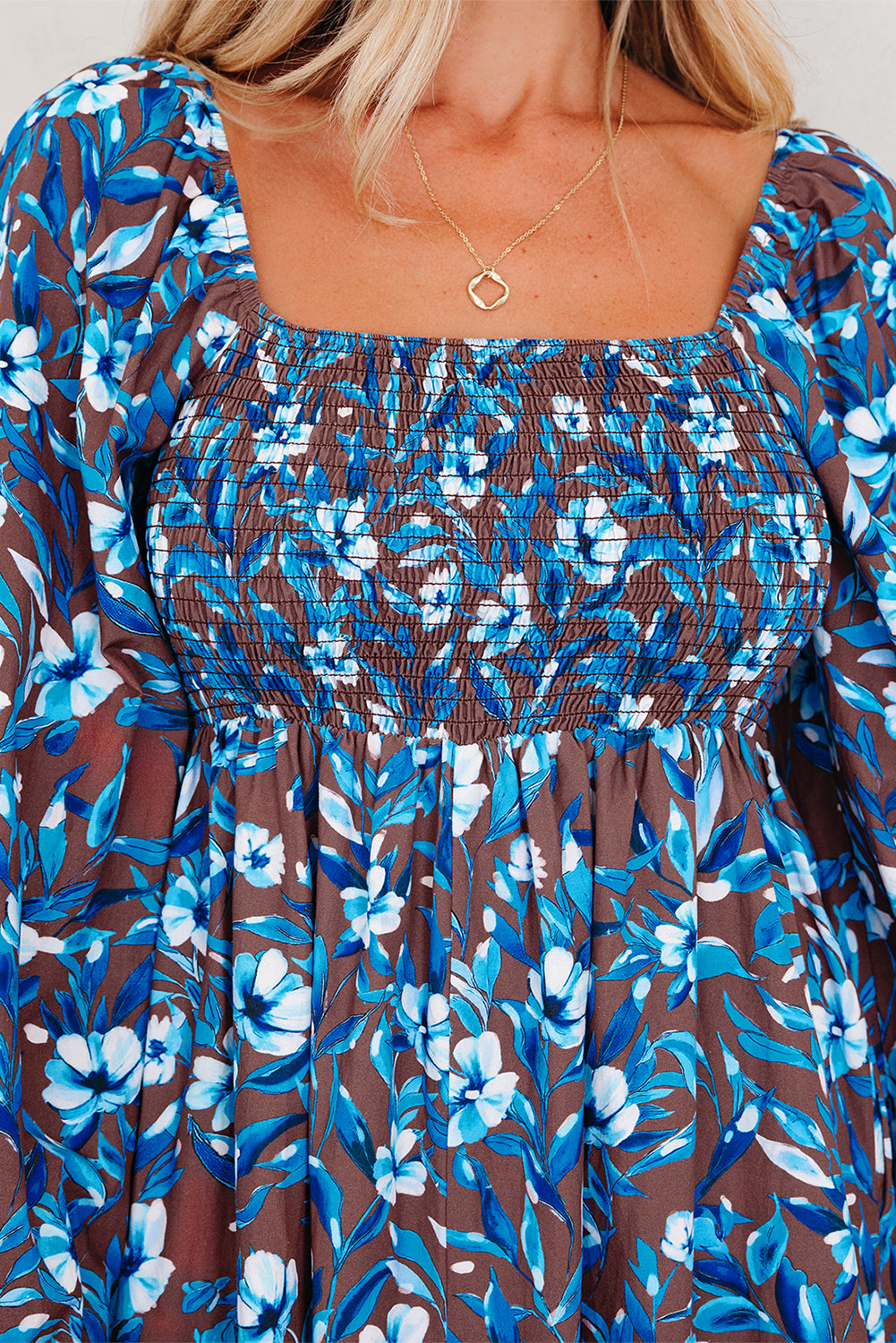 Blue Smocked Bodice High Waist Ruffled Sleeve Floral Dress