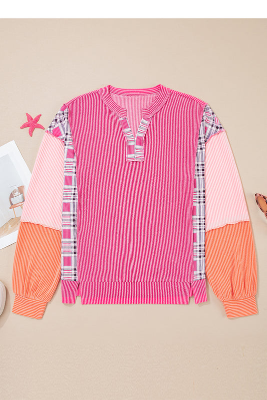 Rose Red Corded Texture Plaid Colorblock Patchwork Split Neck Long Sleeve Top