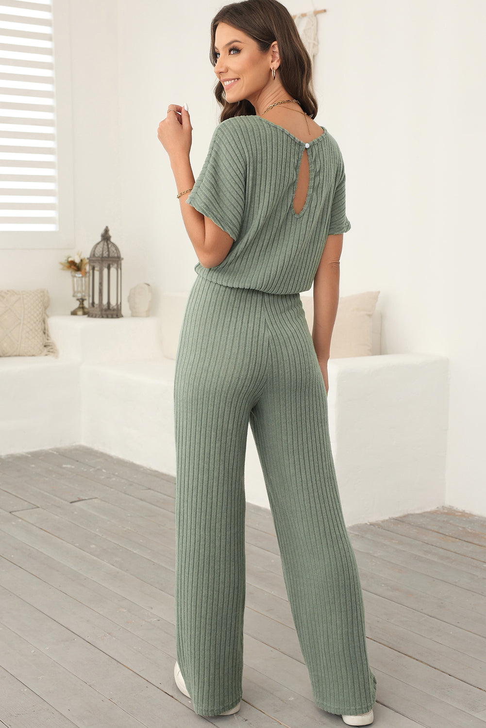 Dusk Blue Ribbed Keyhole Short Sleeve Wide Leg Jumpsuit