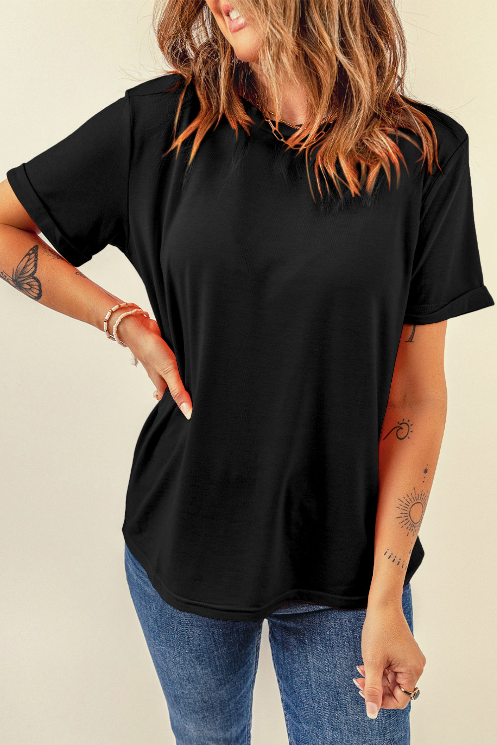Red Casual Plain Crew Neck Tee