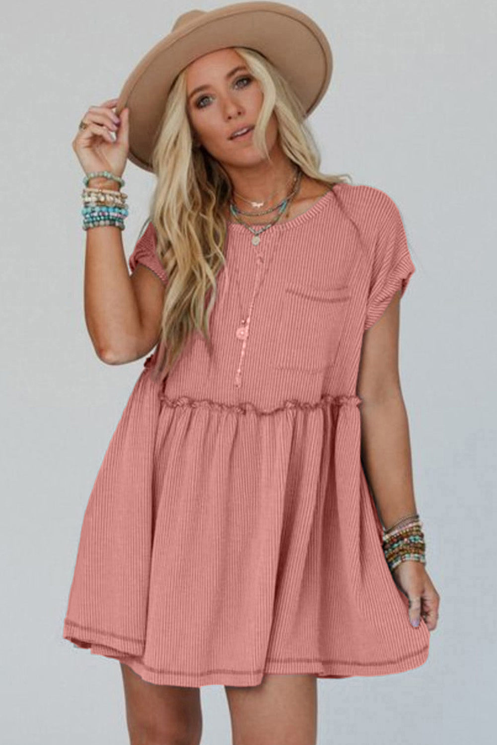 Dusty Pink Corded Knit Textured Patched Pocket Frilled Swing Mini Dress with Pockets