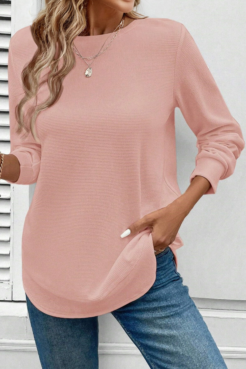 White Rounded Hem Waffle Long Sleeve Top