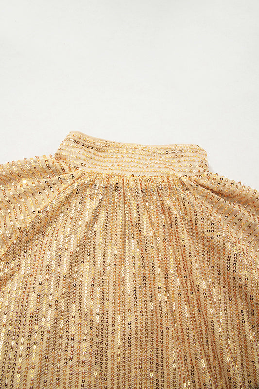 Gold Metallic Balloon Sleeve Buttoned High Neck Loose Blouse