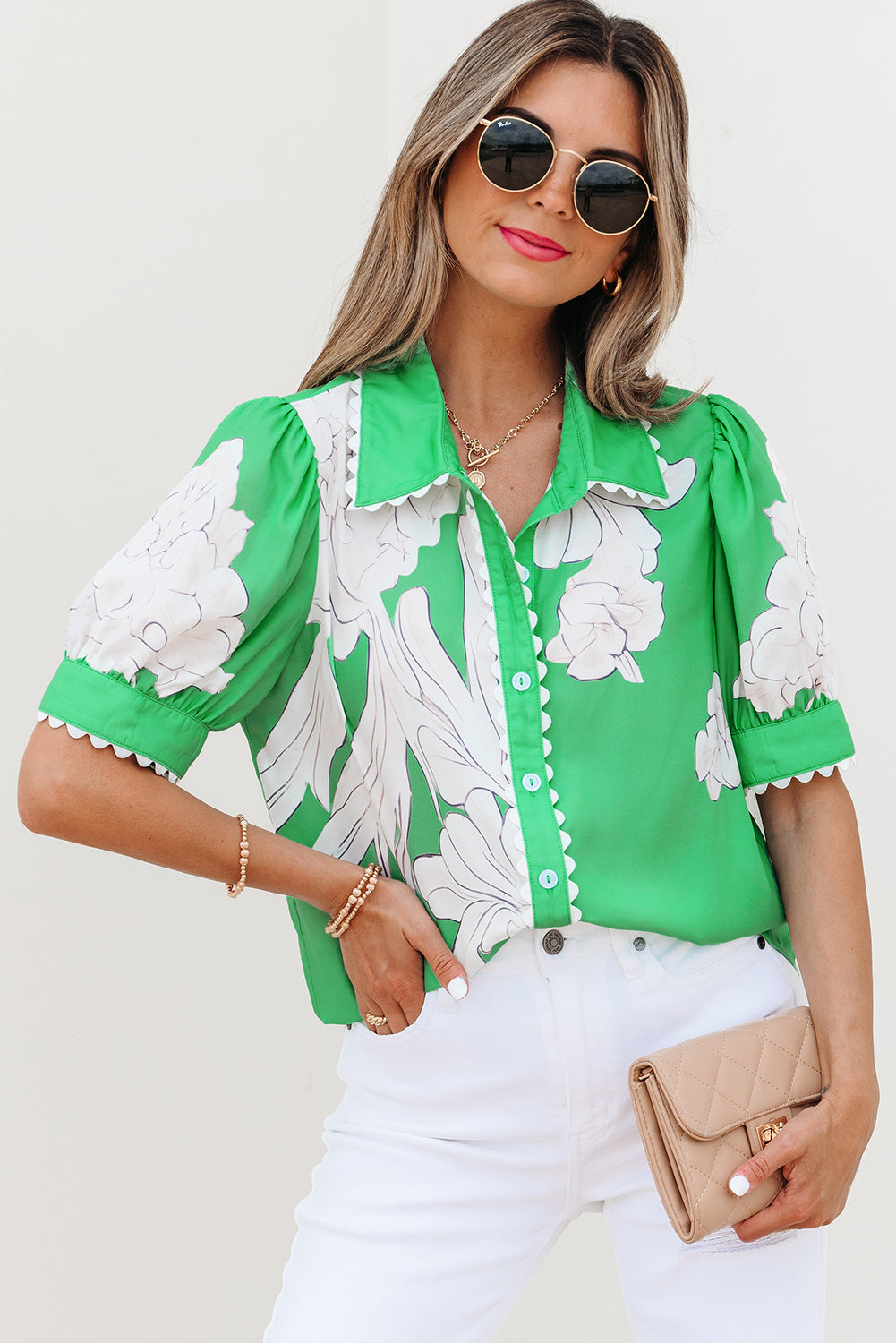 Sky Blue Floral Ric Rac Edge Puff Sleeve Button Up Summer Shirt