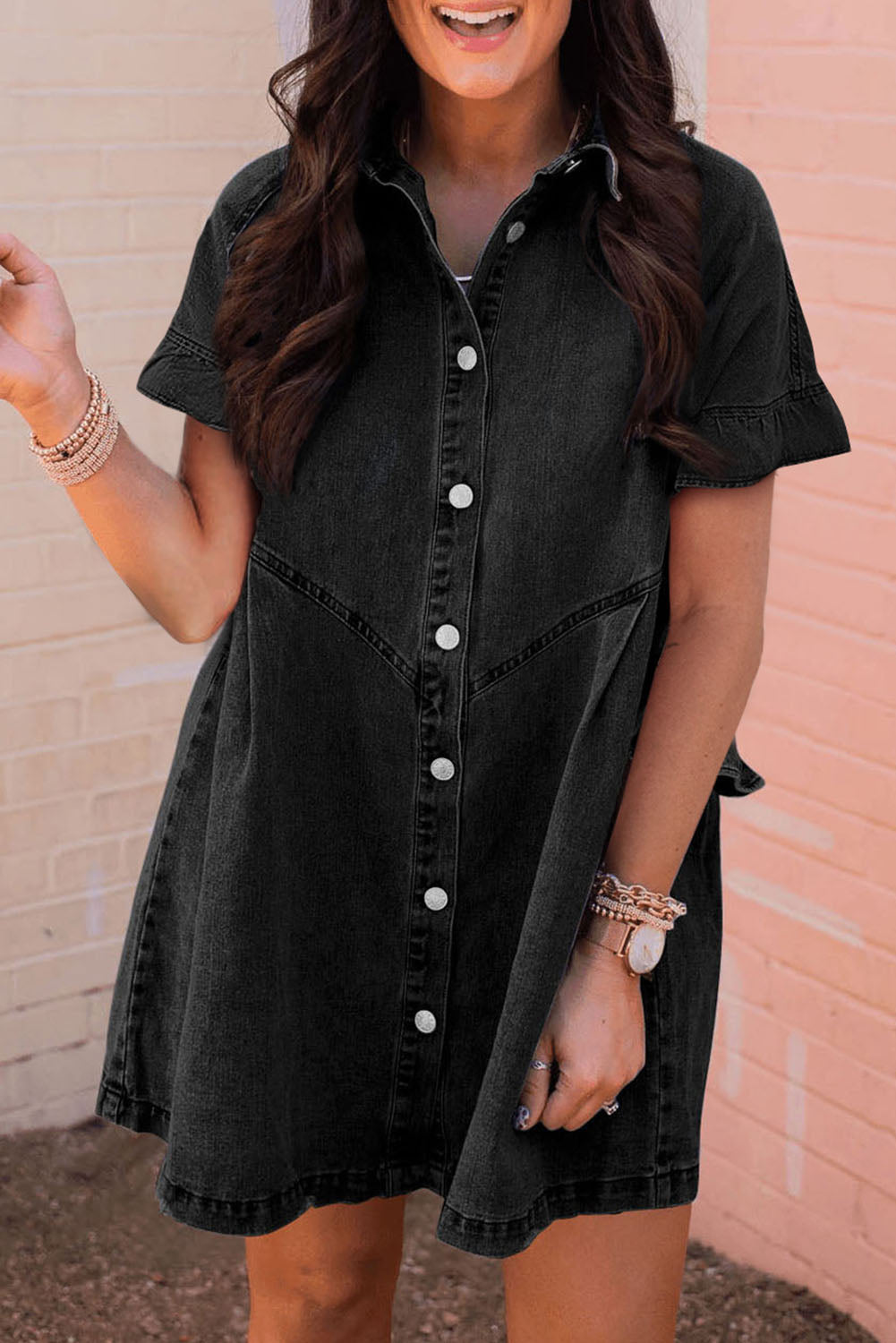Light Blue Frilled Short Sleeve Button Up Loose Denim Shirt Dress