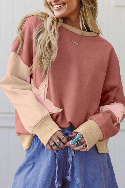 Rose Pink Contrast Star Patchwork Exposed Seam Uneven Hem Drop Shoulder Sweatshirt