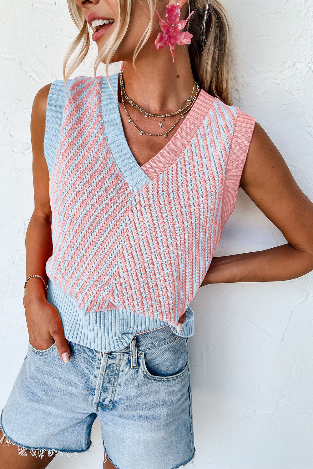 Strawberry Pink Contrast Chevron Knit V Neck Sweater Vest