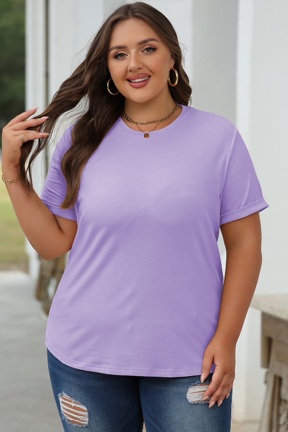 Red Casual Plain Crew Neck Tee