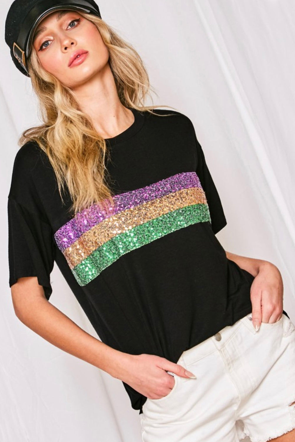 White Sequin Stripes Patchwork Mardi Gras Crew Neck T Shirt