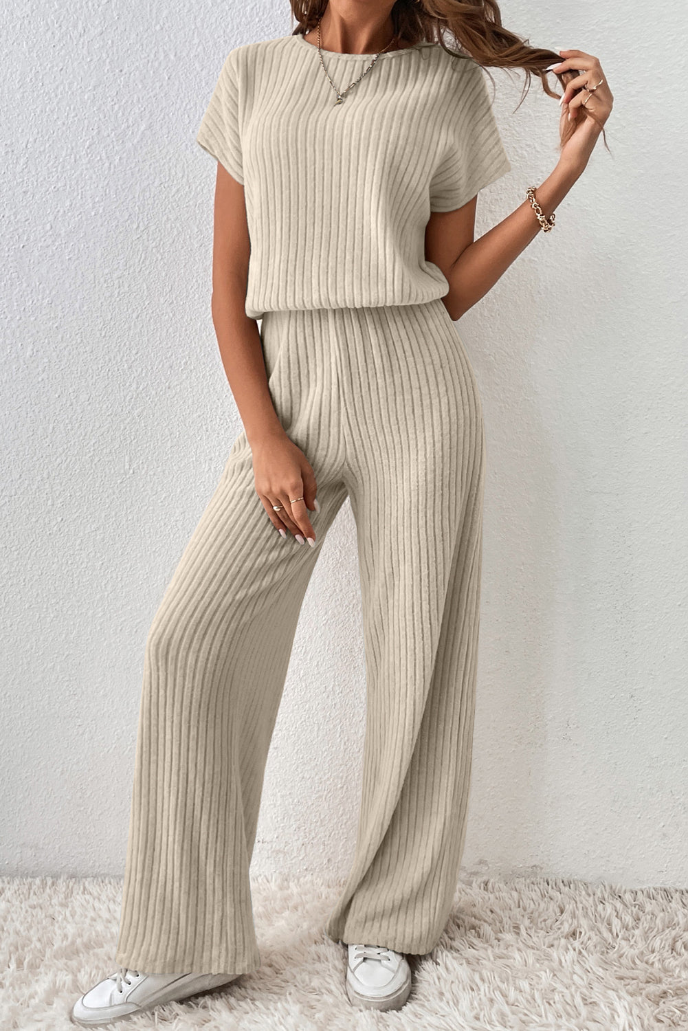 Dusk Blue Ribbed Keyhole Short Sleeve Wide Leg Jumpsuit