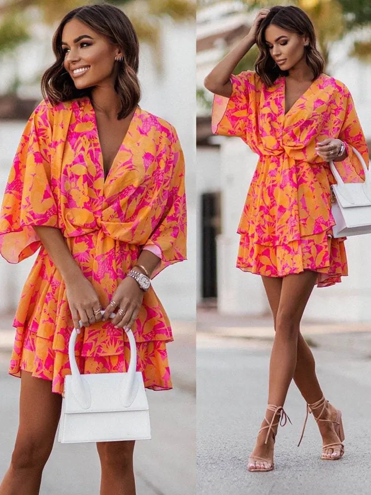 Floral Print High Waist  Mini Dress