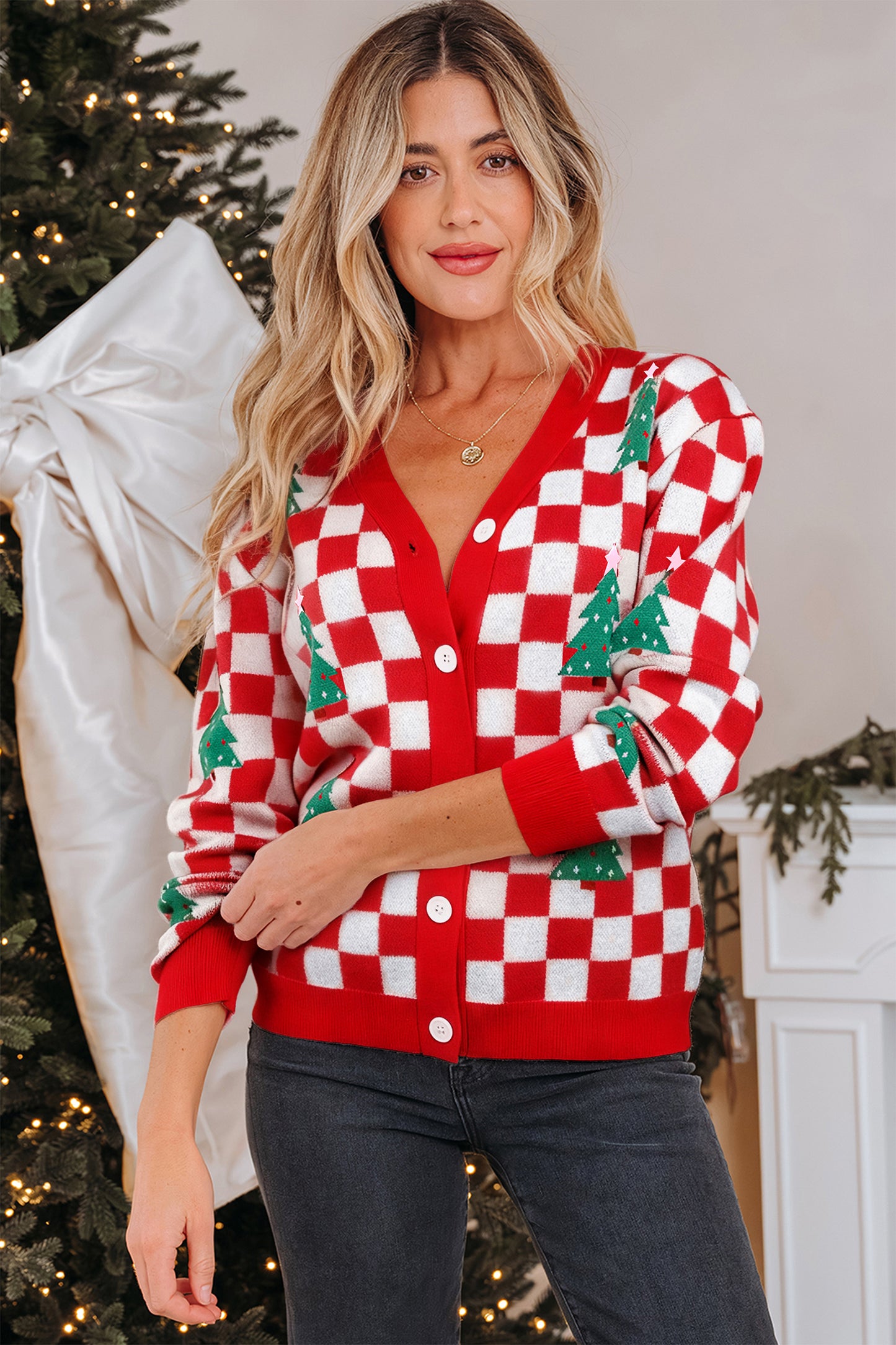 Pink Checkered Christmas Tree Pattern Button V Neck Cardigan Sweater