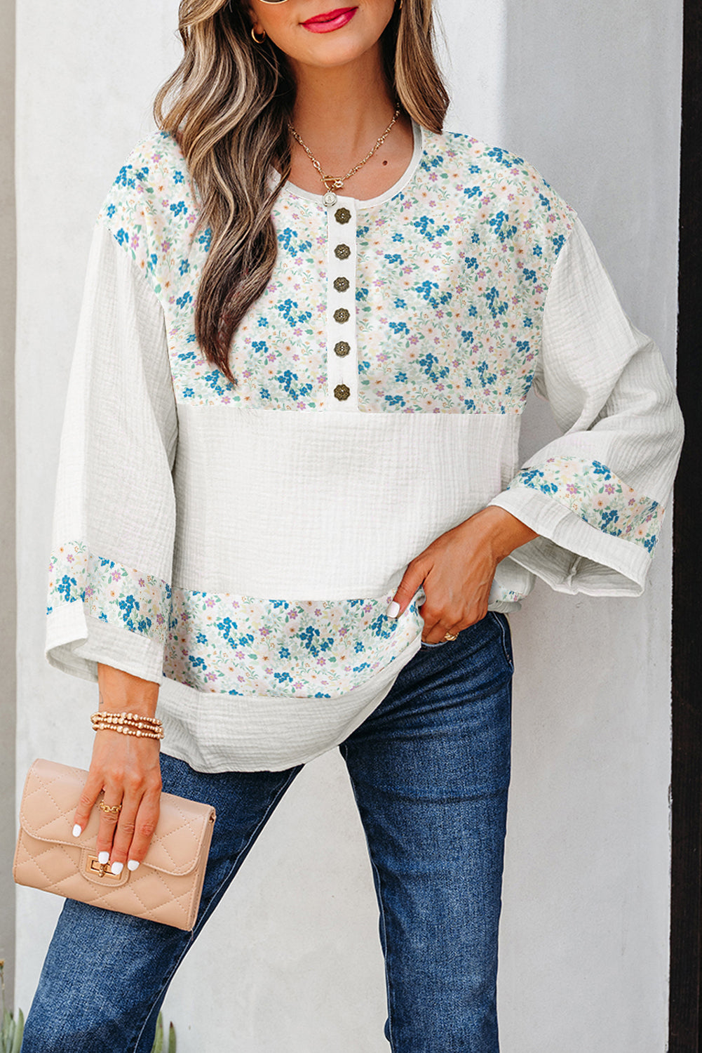 Red Floral Print Gauze Patchwork Henley Button 3/4 Sleeve Blouse