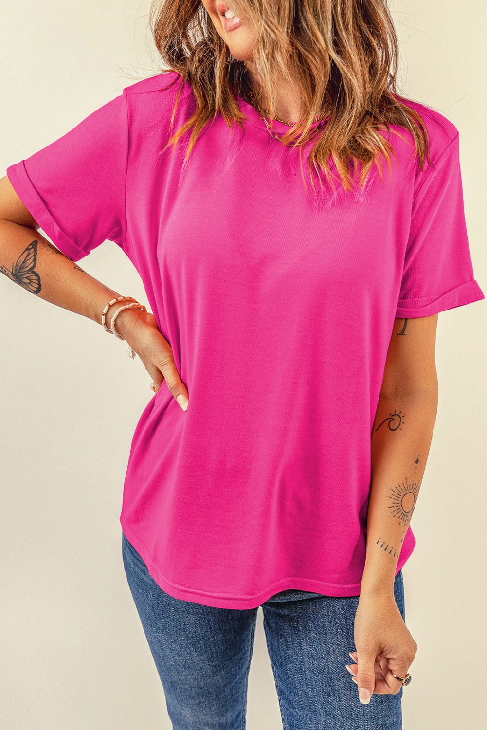 Red Casual Plain Crew Neck Tee