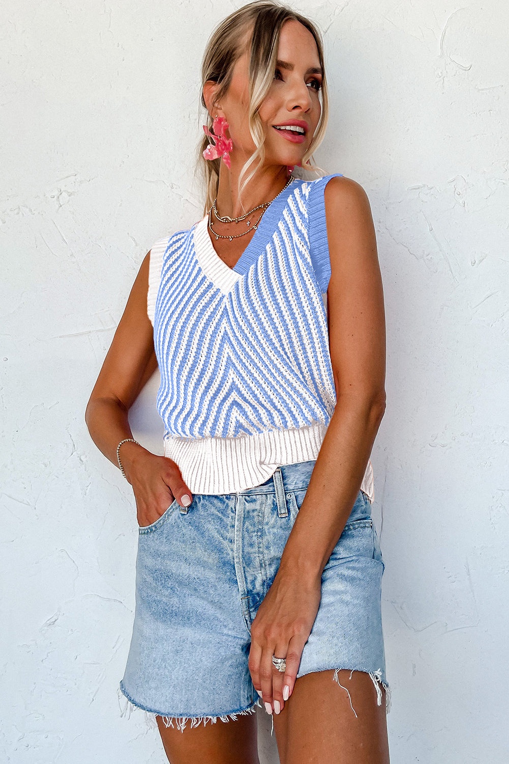 Strawberry Pink Contrast Chevron Knit V Neck Sweater Vest