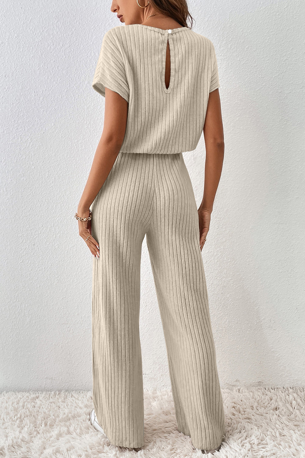 Dusk Blue Ribbed Keyhole Short Sleeve Wide Leg Jumpsuit