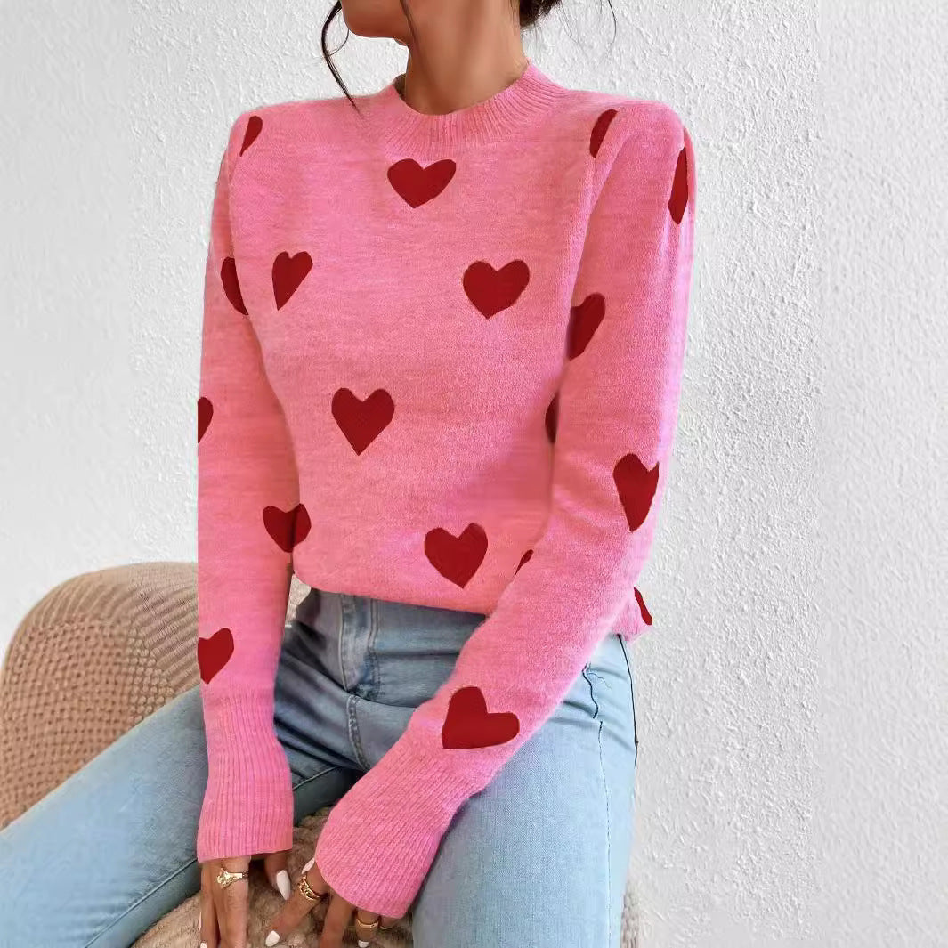 Leisure Heart Jacquard Long Sleeve Crew Neck Pullover Sweater