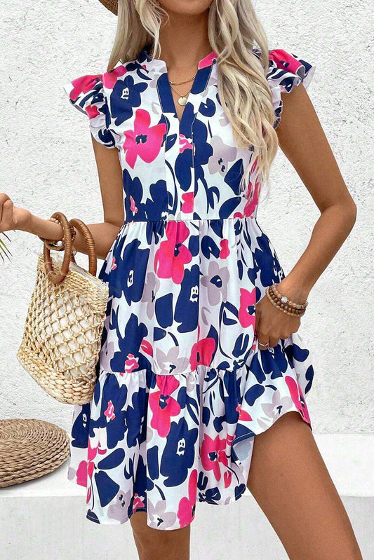Fashion Floral Print Notched Neck Flutter Sleeve Mini Dress